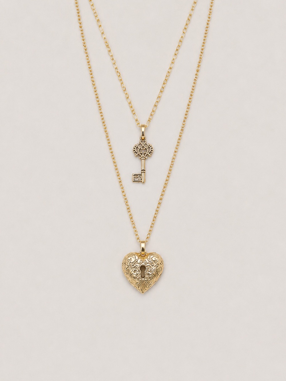 New! Gold Heart Lock and Key Stacked Necklace NWOT 5034